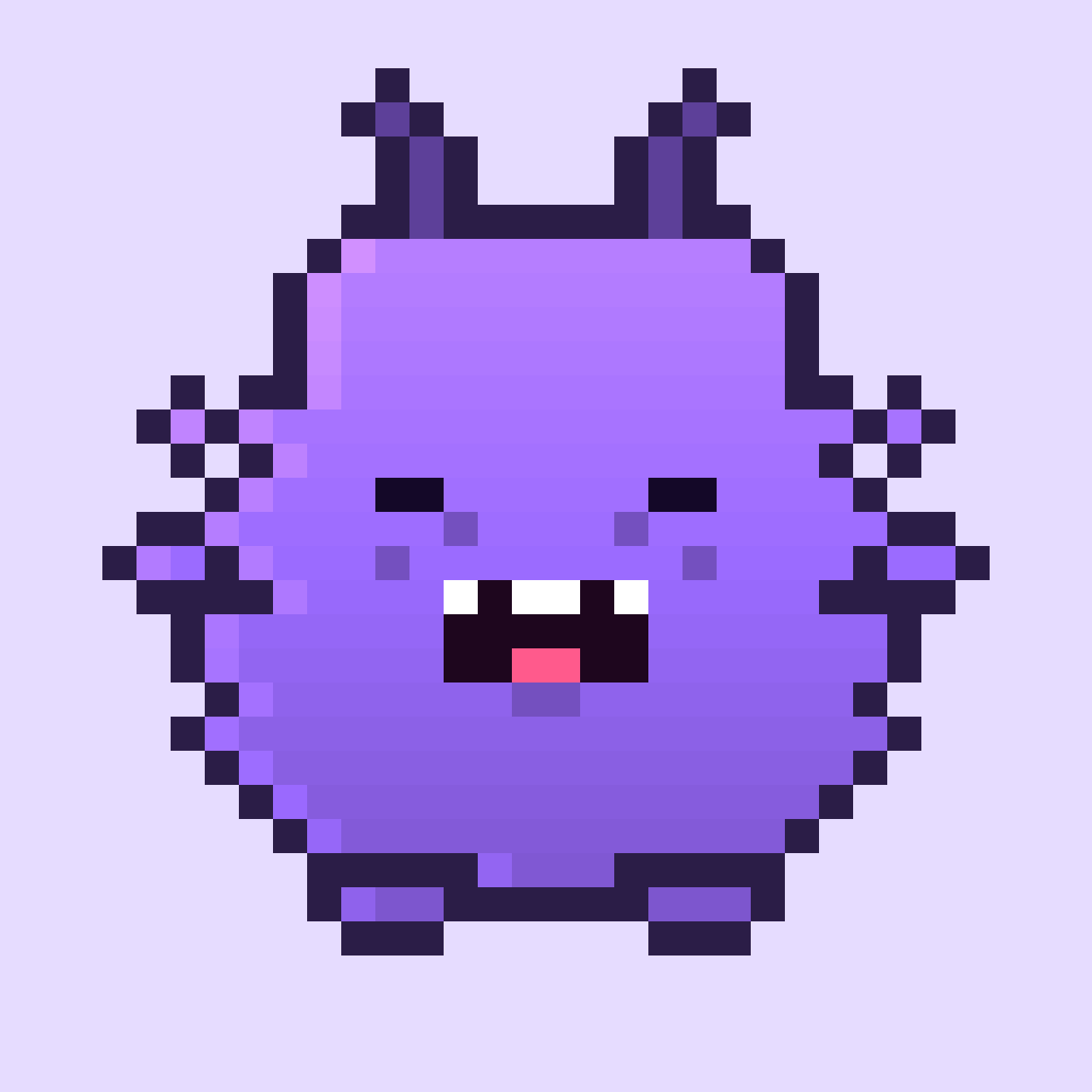 Ink Monster #8: a pear-shaped lavender monster with sleepy eyes, an open roar and antennae on soft lilac
